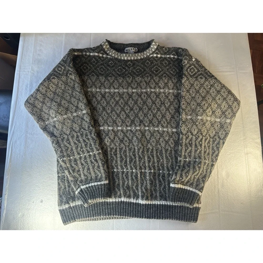 Vintage MEXX Sweater Mens Large Gray Brown‎ Geometric Knit Pullover Grandpa